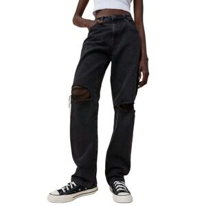 Cotton On Long Straight Leg Jeans Womens‎ 2 Distressed Ripped Black High Rise